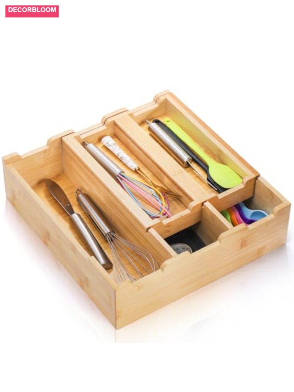 Bamboo Kitchen Drawer Organizer Stackable 2-Tier Utensil Tray 5 Compartments